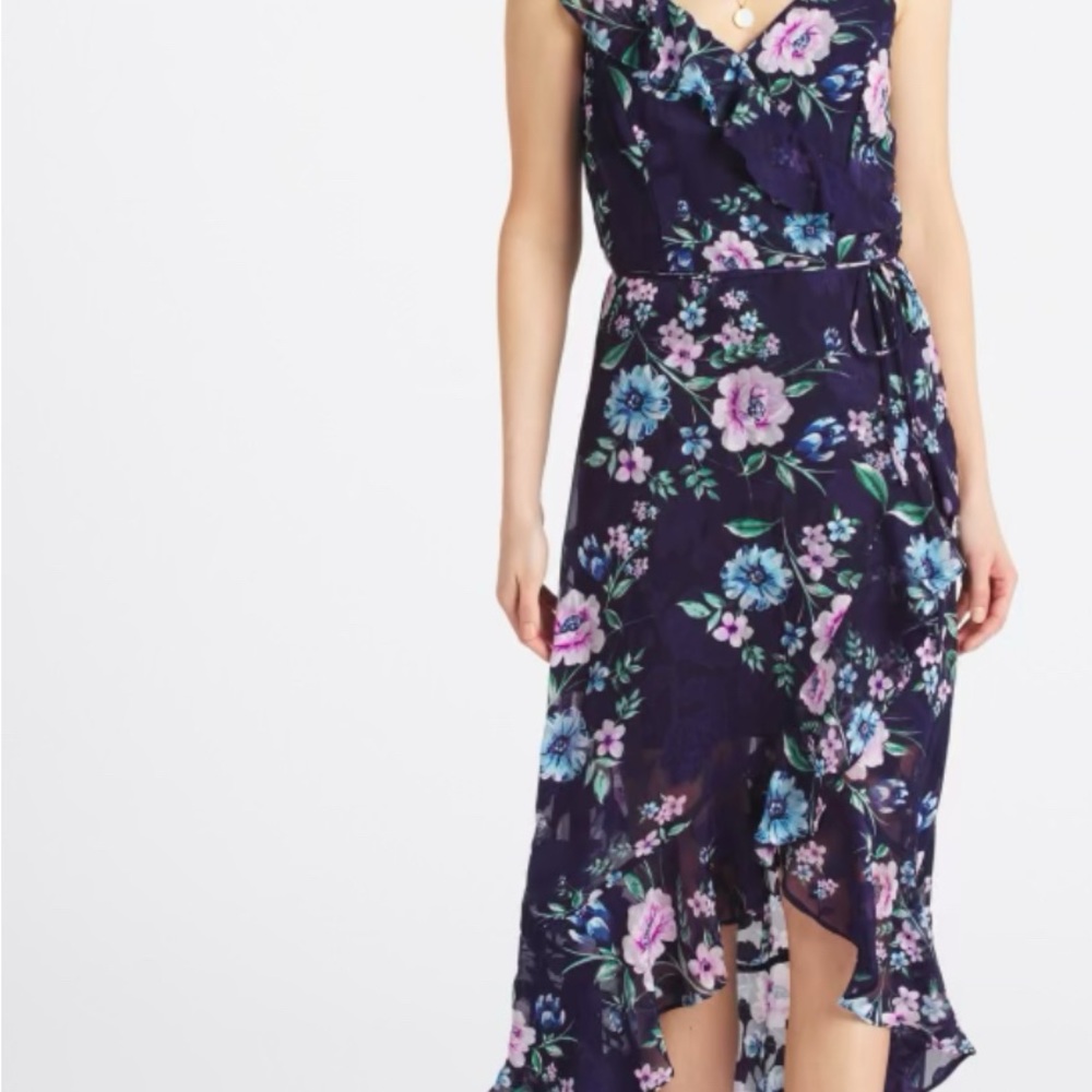 The General Good Michelle Maxi Floral High-Low Dress in Navy Blue